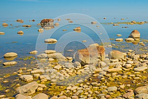 Huge rocks on the Gulf of Finland beach. Saint Petersburg, Russia