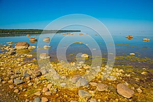 Huge rocks on the Gulf of Finland beach. Saint Petersburg, Russia