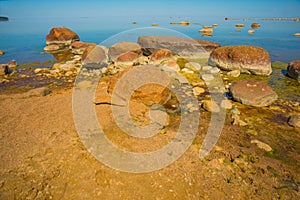 Huge rocks on the Gulf of Finland beach. Saint Petersburg, Russia