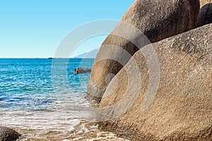 Huge rocks on the shore of the South China Sea in the World& x27;s End park. Sanya, China