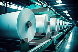 Huge rolls of paper are stored in the factory warehouse. Industrial paper production. Finished products of a paper processing