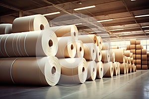 Huge rolls of paper are stored in the factory warehouse. Industrial paper production. Finished products of a paper processing