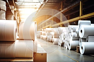 Huge rolls of paper are stored in the factory warehouse. Industrial paper production. Finished products of a paper processing