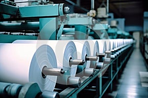 Huge rolls of paper are stored in the factory warehouse. Industrial paper production. Finished products of a paper processing