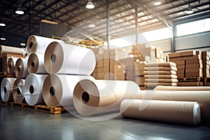 Huge rolls of paper are stored in the factory warehouse. Industrial paper production. Finished products of a paper processing