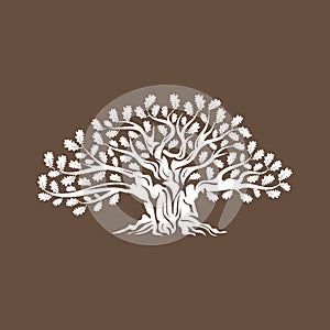 Huge and sacred oak tree silhouette logo badge isolated on brown background.