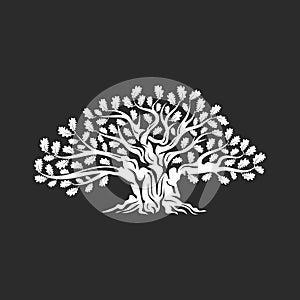 Huge and sacred oak tree silhouette logo badge isolated on dark background.