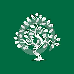 Huge and sacred oak tree silhouette logo badge isolated on green background.