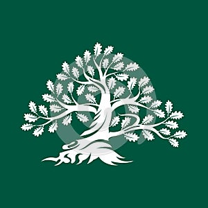 Huge and sacred oak tree silhouette logo badge isolated on green background.