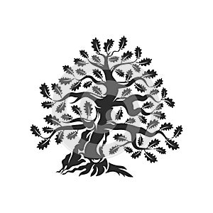 Huge and sacred oak tree silhouette logo badge isolated on white background.