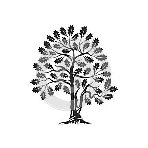 Huge and sacred oak tree silhouette logo badge isolated on white background