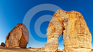 Huge sandstone elephant rock erosion monoliths standing in the desert, Al Ula, Saudi Arabia photo