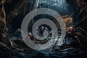 huge scary spiders in web in cave at night in dark. Arachnophobia. Generative AI illustration