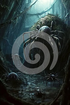 huge scary spiders in web in cave at night in dark. Arachnophobia. Generative AI illustration