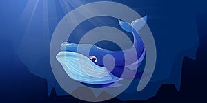 A huge sea blue whale on a background in the depths of the ocean. Vector isolated cartoon illustration of an aquatic