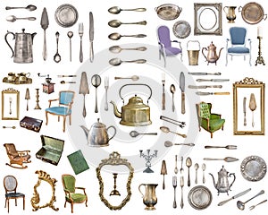 Huge set of antique items.Vintage household items, silverware, furniture and more. Isolated on white background