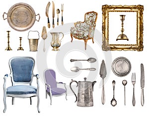 Huge set of antique items.Vintage household items, silverware, furniture and more. Isolated on white background