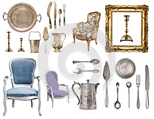 Huge set of antique items.Vintage household items, silverware, furniture and more. Isolated on white background photo