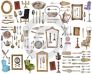 Huge set of antique items.Vintage household items, silverware, furniture and more. Isolated on white background photo