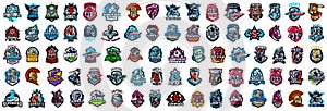 Huge set of colorful sports logos, emblems. Logos of knights, horses, superhero, soldier, skier, mountain bike, soccer