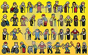 Huge set of old people avatars - pixel art layers vector illustration