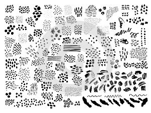 Huge set of universal hand drawn design elements, textures, shapes. Scribble strips, spots, stains, circles, dots, blots