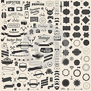 Huge set of vintage styled design hipster icons. Vector signs and symbols templates for your design.