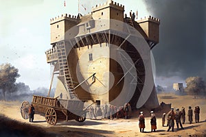 huge siege tower being wheeled toward castle walls, with archers ready for battle