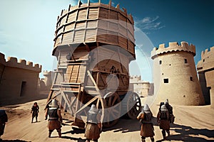 huge siege tower being wheeled toward castle walls, with archers ready for battle