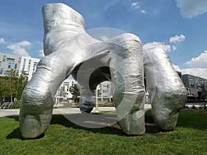 Huge Silver hand sculpture in University Circle uptown district of Cleveland