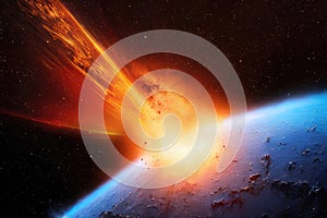 A huge sized meteor crashes on the earth creating shock waves. Meteor or comet falling earth.Generative AI