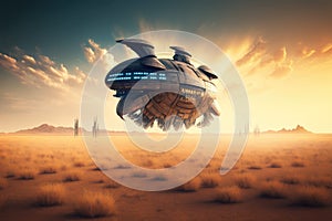 huge spaceship flying through empty field of planet in future futuristic virtual world