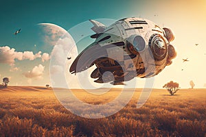 huge spaceship flying through empty field of planet in future futuristic virtual world
