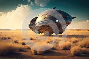 huge spaceship flying through empty field of planet in future futuristic virtual world