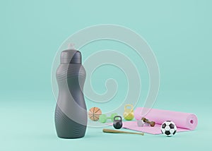 Big sport water bottle bidon with sports equipment 3D render illustration photo