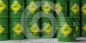 Huge stack of green bio fuel or bio diesel barrels background with one in front on concrete floor, alternative or renewable energy