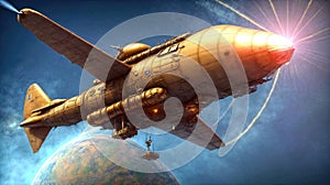 A huge steampunk airship 3d retro technology illustration fantastic wallpaper