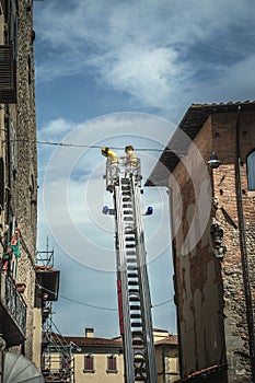 Huge swarm of bees surrounding two firemen on a ladder