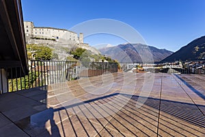 Huge terrace on a sunny day overlooking the Swiss Alps