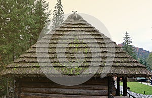 Huge thatched roof of traditional ukrainian house. Straw roof with dried grass