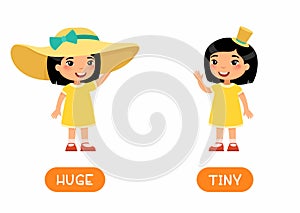HUGE and TINY antonyms flashcard vector template. Opposites concept.