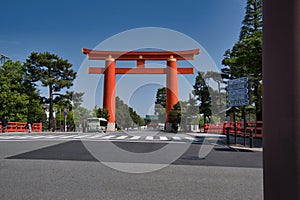 A huge torii gate of Heian-jingu shrine.   Kyoto Japan