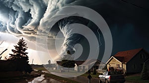 A huge tornado is approaching houses