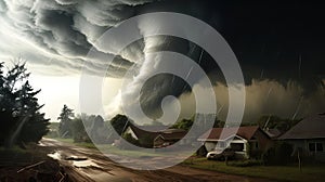 A huge tornado is approaching houses