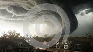 A huge tornado is approaching houses