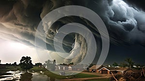 A huge tornado is approaching houses