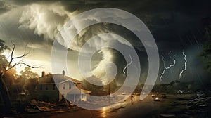 A huge tornado is approaching houses