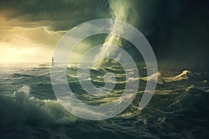 Huge tornado, bright lightning in dark stormy sky, stormy sea, big waves. Generative ai image.