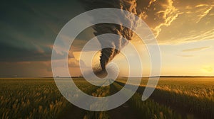 Huge tornado over an agricultural field. The unsettling aftermath of a tornado's strike on agriculture.