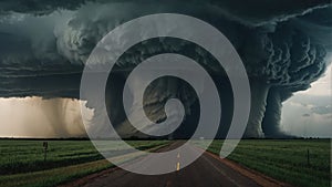 Huge tornado over a green field